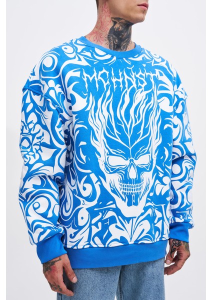 Erkek Skull Baskılı Oversize Saks Sweatshirt