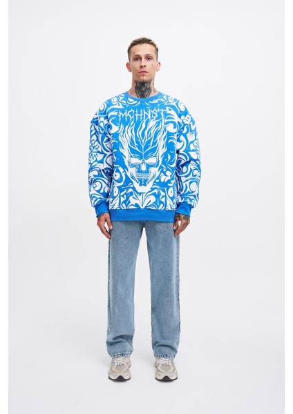 Erkek Skull Baskılı Oversize Saks Sweatshirt