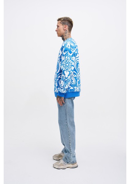 Erkek Skull Baskılı Oversize Saks Sweatshirt