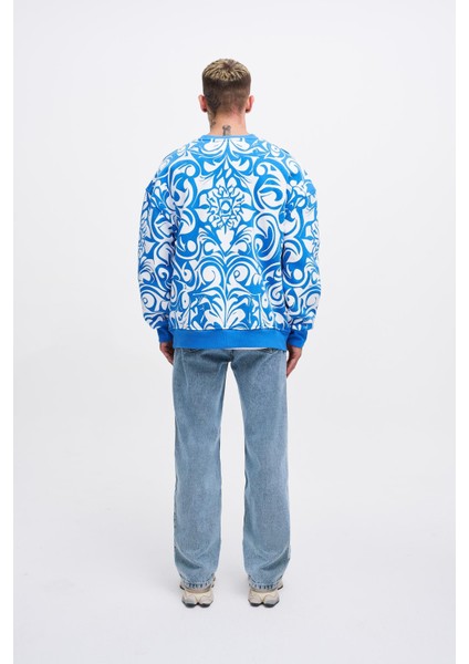 Erkek Skull Baskılı Oversize Saks Sweatshirt