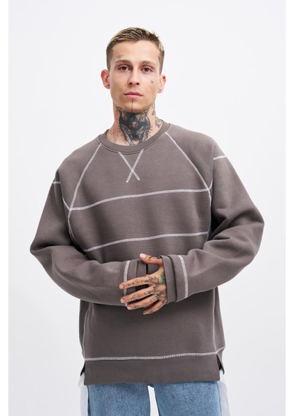 Erkek Dikiş Detay Oversize Antrasit Sweatshirt