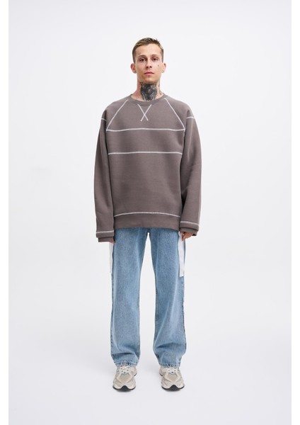 Erkek Dikiş Detay Oversize Antrasit Sweatshirt