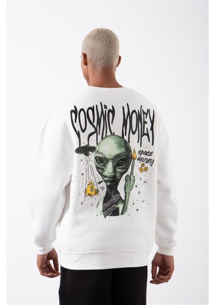 Erkek Cosmic Monkey Baskılı Oversize Ekru Sweatshirt