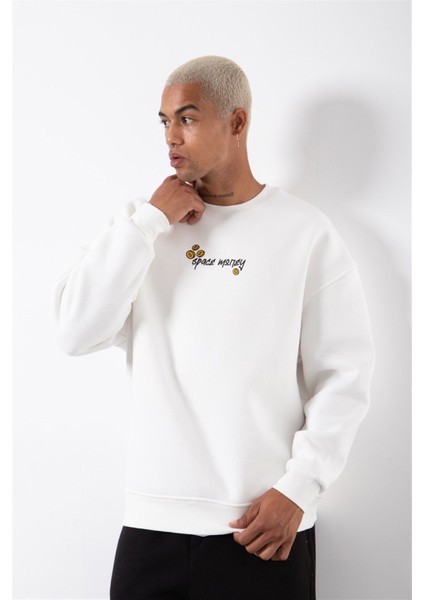 Erkek Cosmic Monkey Baskılı Oversize Ekru Sweatshirt