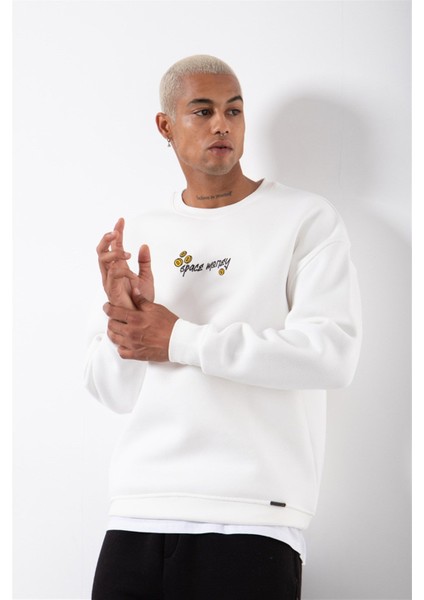 Erkek Cosmic Monkey Baskılı Oversize Ekru Sweatshirt