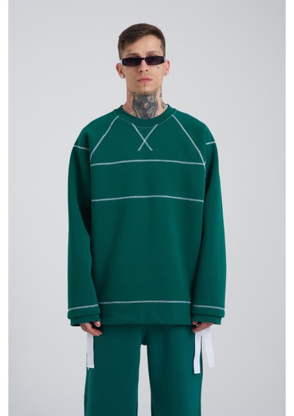 Erkek Dikiş Detay Oversize Petrol Yeşili Sweatshirt