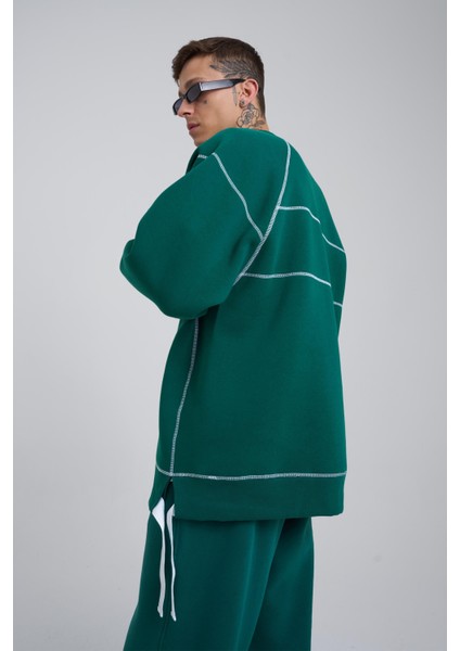 Erkek Dikiş Detay Oversize Petrol Yeşili Sweatshirt