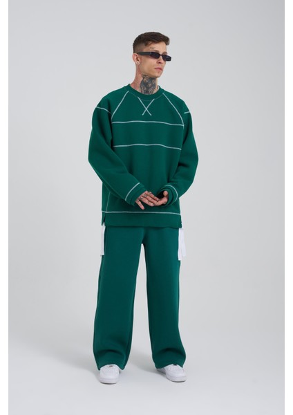 Erkek Dikiş Detay Oversize Petrol Yeşili Sweatshirt