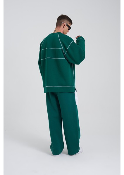 Erkek Dikiş Detay Oversize Petrol Yeşili Sweatshirt