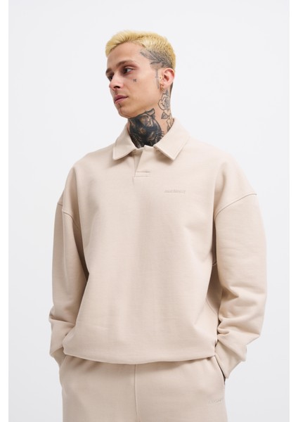 Erkek Basic Diagonal Polo Sweatshirt Soft Beıge