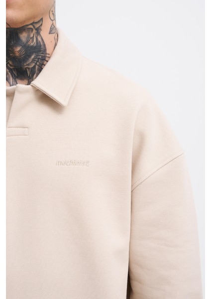 Erkek Basic Diagonal Polo Sweatshirt Soft Beıge