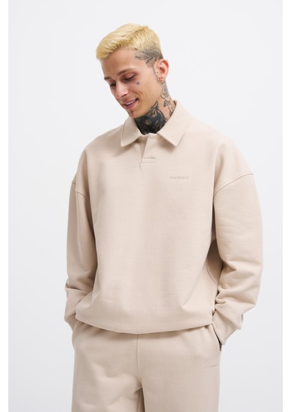 Erkek Basic Diagonal Polo Sweatshirt Soft Beıge