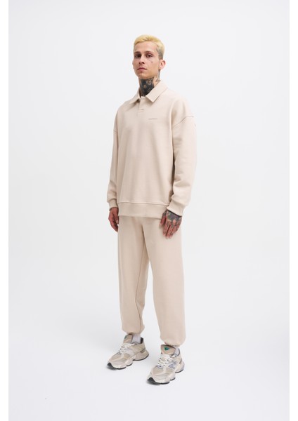 Erkek Basic Diagonal Polo Sweatshirt Soft Beıge