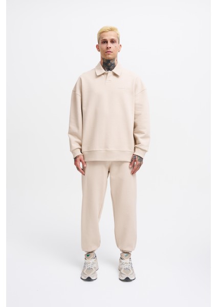 Erkek Basic Diagonal Polo Sweatshirt Soft Beıge