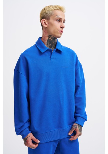 Erkek Basic Diagonal Polo Sweatshirt Soft Blue