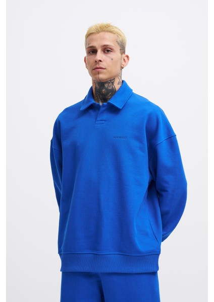 Erkek Basic Diagonal Polo Sweatshirt Soft Blue