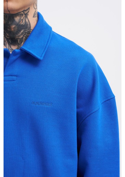 Erkek Basic Diagonal Polo Sweatshirt Soft Blue