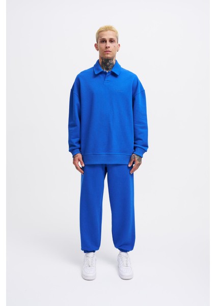 Erkek Basic Diagonal Polo Sweatshirt Soft Blue