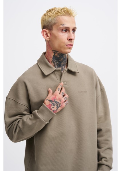 Erkek Basic Diagonal Polo Haki Sweatshirt