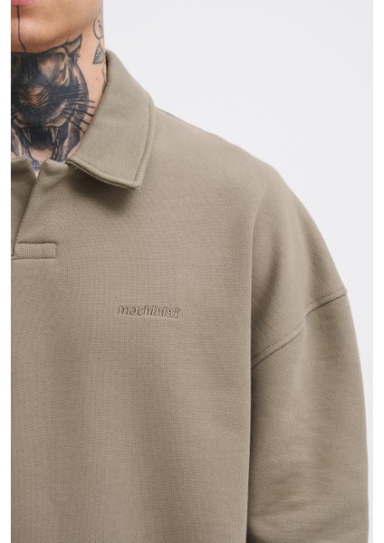 Erkek Basic Diagonal Polo Haki Sweatshirt