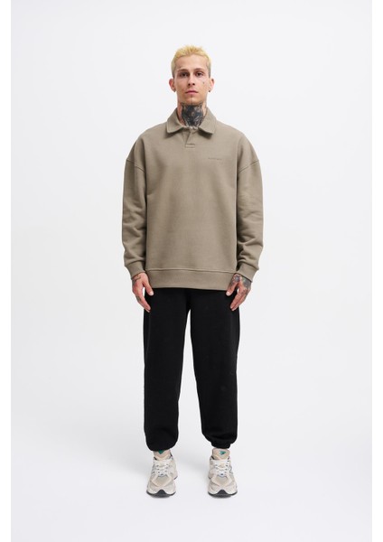 Erkek Basic Diagonal Polo Haki Sweatshirt