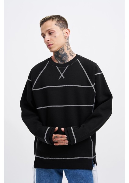 Erkek Dikiş Detay Oversize Siyah Sweatshirt
