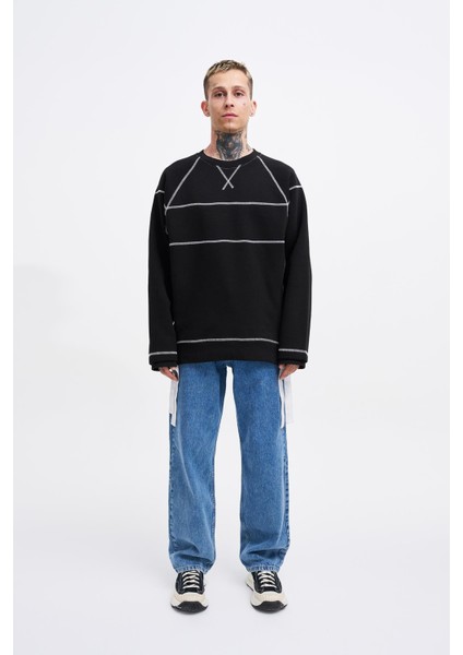 Erkek Dikiş Detay Oversize Siyah Sweatshirt
