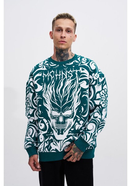 Erkek Skull Baskılı Oversize Yeşil Sweatshirt