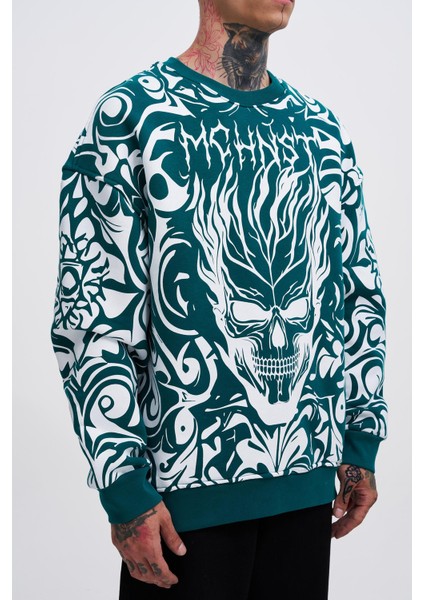 Erkek Skull Baskılı Oversize Yeşil Sweatshirt