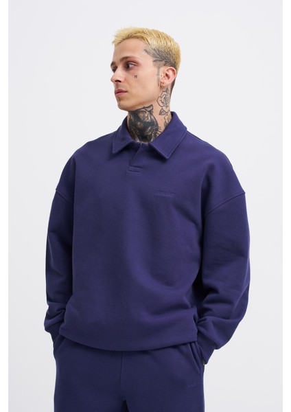 Erkek Basic Diagonal Polo Lacivert Sweatshirt