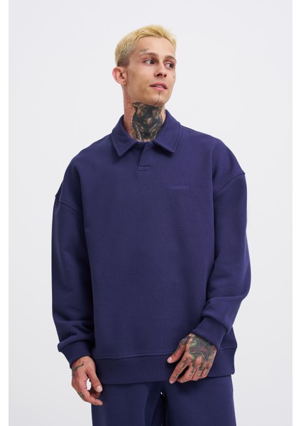 Erkek Basic Diagonal Polo Lacivert Sweatshirt