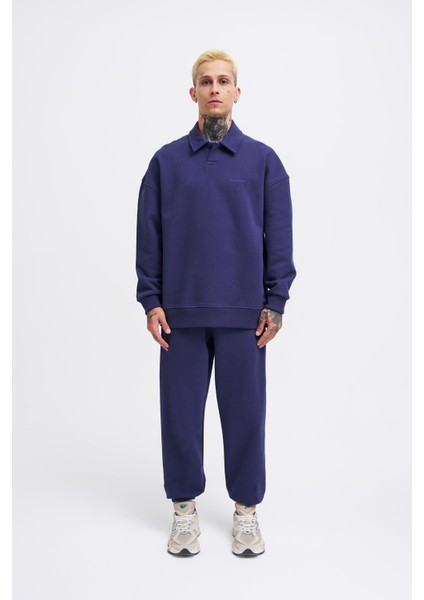 Erkek Basic Diagonal Polo Lacivert Sweatshirt