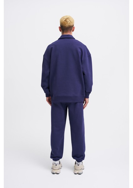 Erkek Basic Diagonal Polo Lacivert Sweatshirt