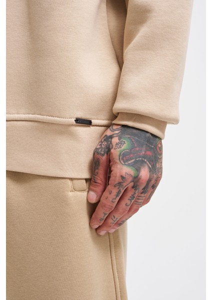 Erkek Basic Bisiklet Yaka Oversize Açık Bej Sweatshirt