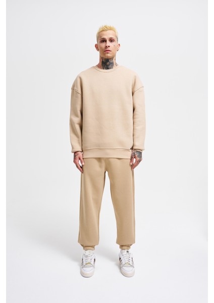 Erkek Basic Bisiklet Yaka Oversize Açık Bej Sweatshirt