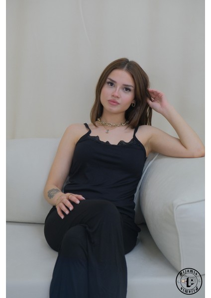 Siyah Dantel Detaylı Askılı Uzun Alt Kadın Pijama Takımı