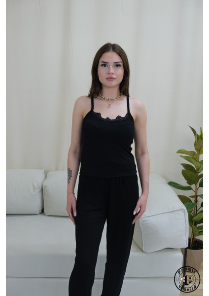 Siyah Dantel Detaylı Askılı Uzun Alt Kadın Pijama Takımı modelleri
