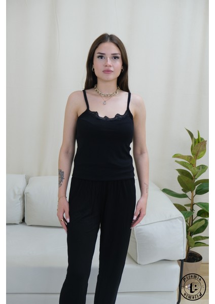 Siyah Dantel Detaylı Askılı Uzun Alt Kadın Pijama Takımı indirimleri