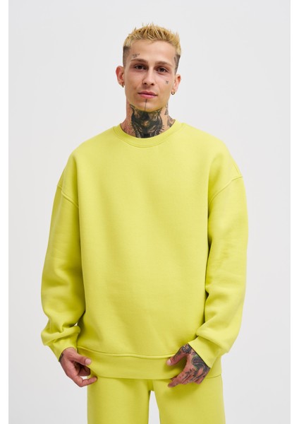 Erkek Basic Bisiklet Yaka Oversize Neon Sarı Sweatshirt