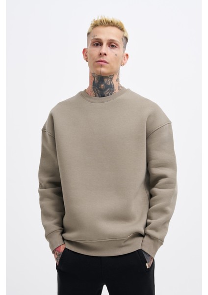 Erkek Oversize Basic Sweatshirt Khakı