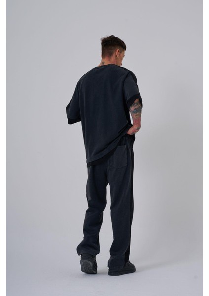 Erkek Yıkamalı Contrast Baggy Asphalt Eşofman Altı