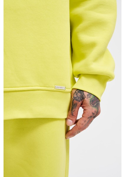 Erkek Basic Bisiklet Yaka Oversize Neon Sarı Sweatshirt