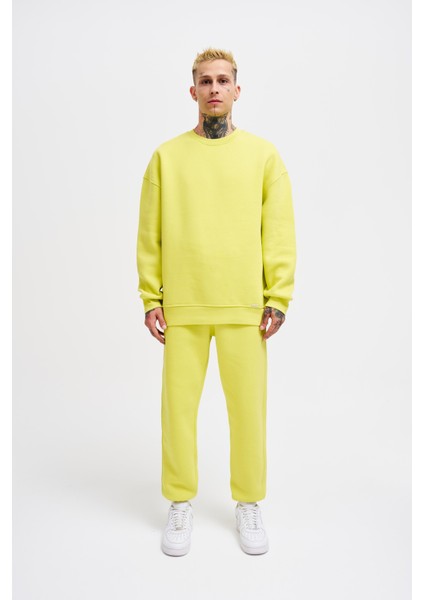 Erkek Basic Bisiklet Yaka Oversize Neon Sarı Sweatshirt