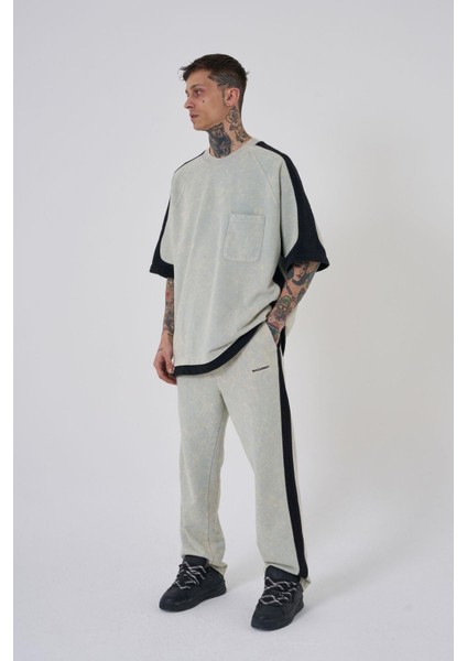 Erkek Yıkamalı Contrast Baggy Açık Bej Eşofman Altı