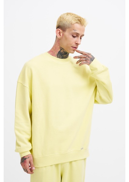 Erkek Yıkamalı Oversize Sarı Sweatshirt