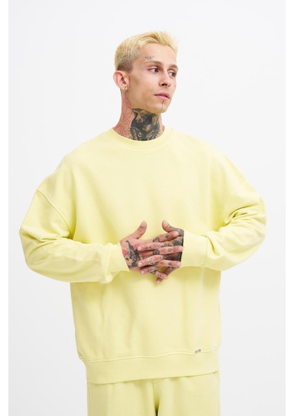 Erkek Yıkamalı Oversize Sarı Sweatshirt