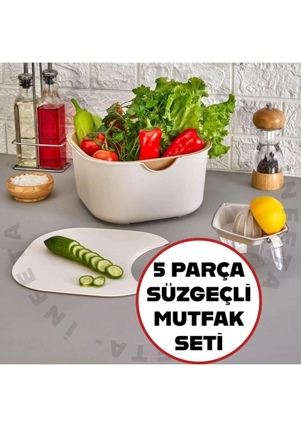 5 Parça Çok Amaçlı Set-Karıştırma Kabı,süzgeç,kesme Tahtası Limon ve Narenciye Sıkacağı Seti