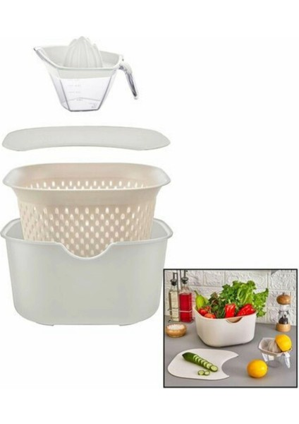 5 Parça Çok Amaçlı Set-Karıştırma Kabı,süzgeç,kesme Tahtası Limon ve Narenciye Sıkacağı Seti