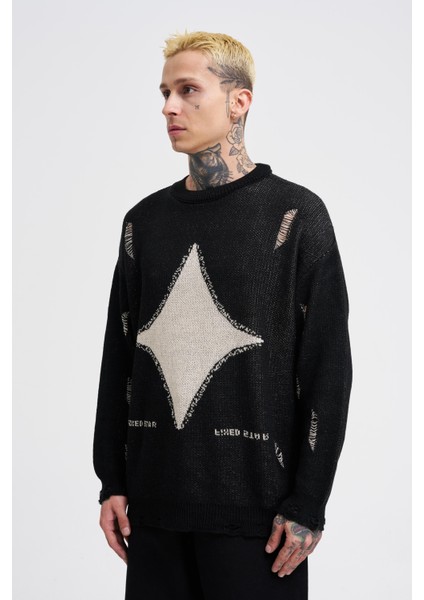 Erkek Patterned Siyah Kazak