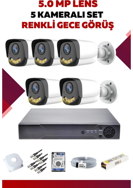 5 Kameralı Set - 5mp Sony Lensli Full Hd Gece Görüşlü Güvenlik Kamerası Sistemi - OFJE10E9G0